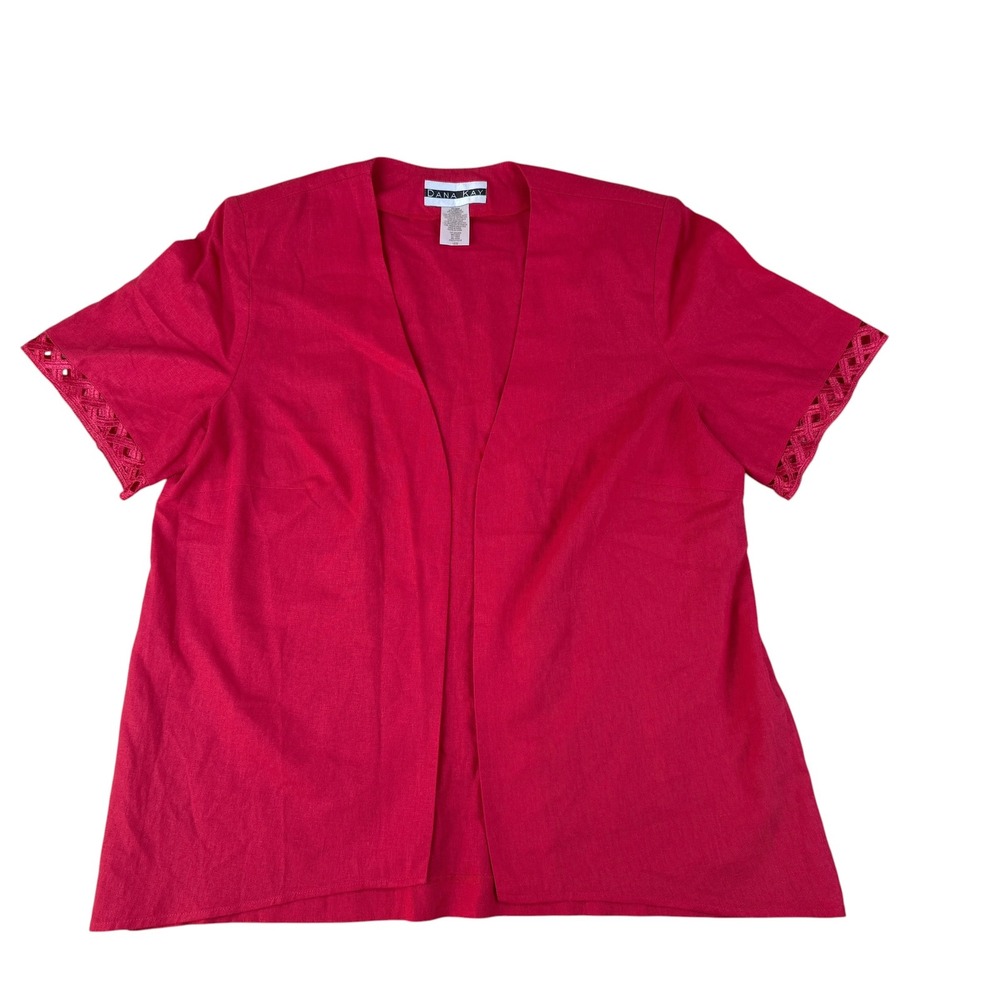 Dana Kay 16W Open Front Topper Red Linen Blend Crochet Sleeve Jacket